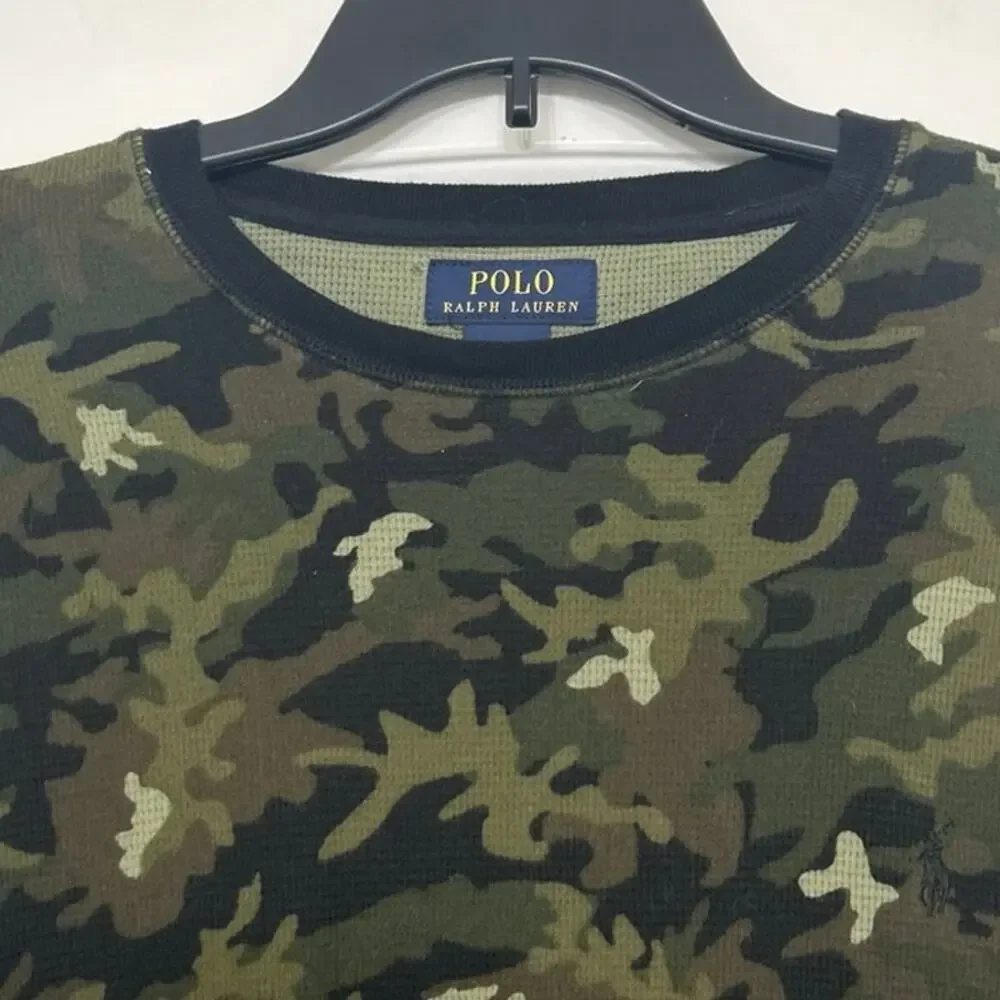 Polo Ralph Lauren Fitted Camo Waffle Knit Thermal Shirt XL Y2K Grunge Streetwear